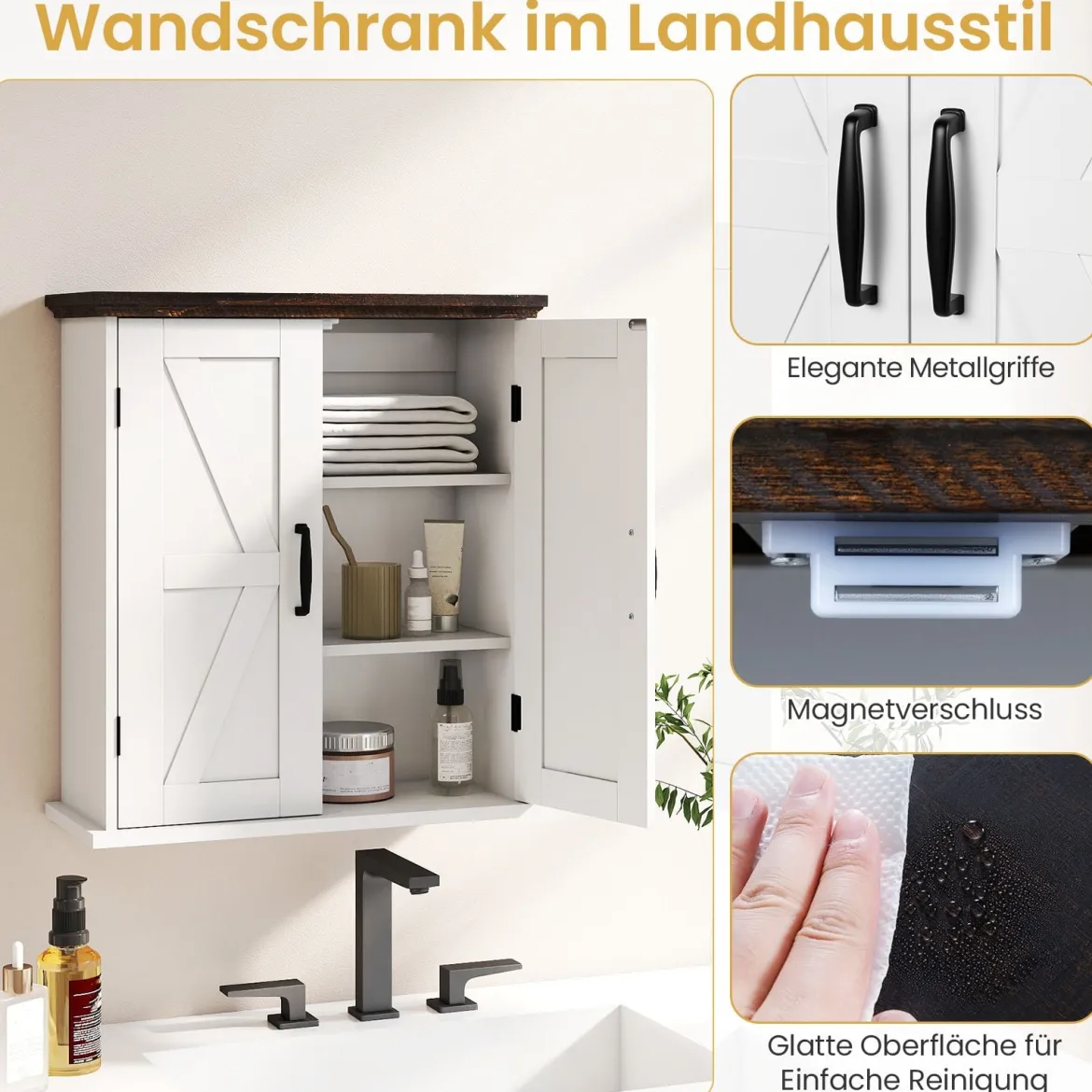 Badezimmer Wandschrank mit 2 Türen & Verstellbaren Regalen Bauernhaus Hängeschrank Weiß