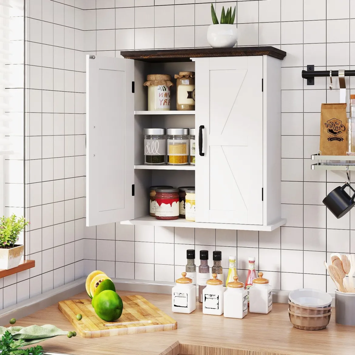 Badezimmer Wandschrank mit 2 Türen & Verstellbaren Regalen Bauernhaus Hängeschrank Weiß