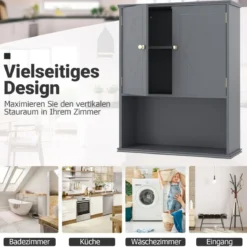 Bad Hängeschrank mit 2Türen & Offener Ablage & Verstellbarem Regal Badschrank Grau