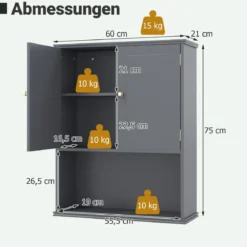 Bad Hängeschrank mit 2Türen & Offener Ablage & Verstellbarem Regal Badschrank Grau