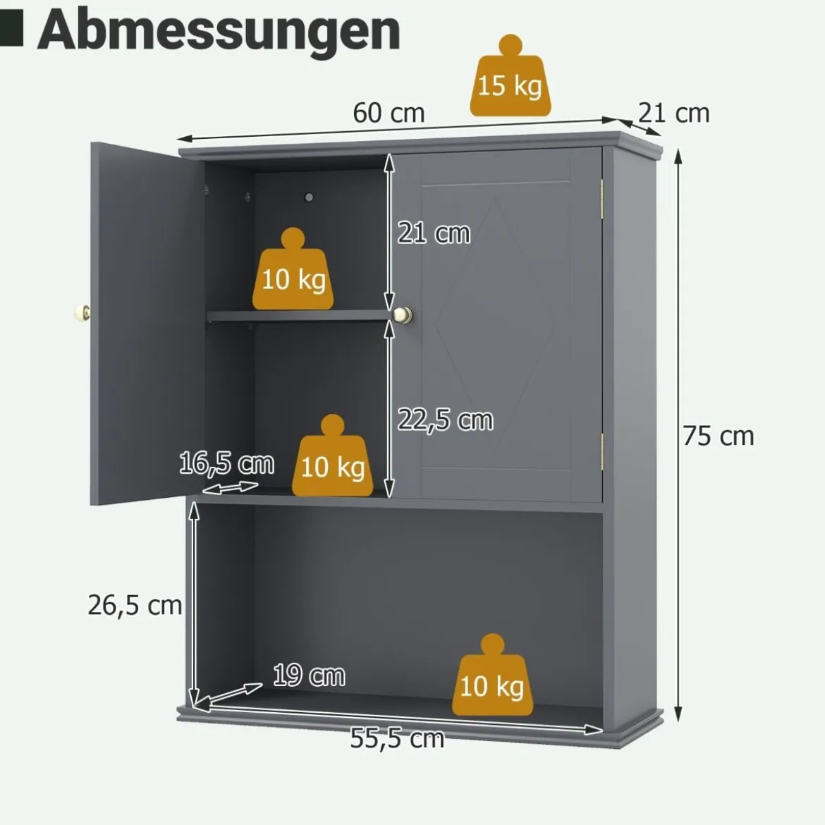 Bad Hängeschrank mit 2Türen & Offener Ablage & Verstellbarem Regal Badschrank Grau