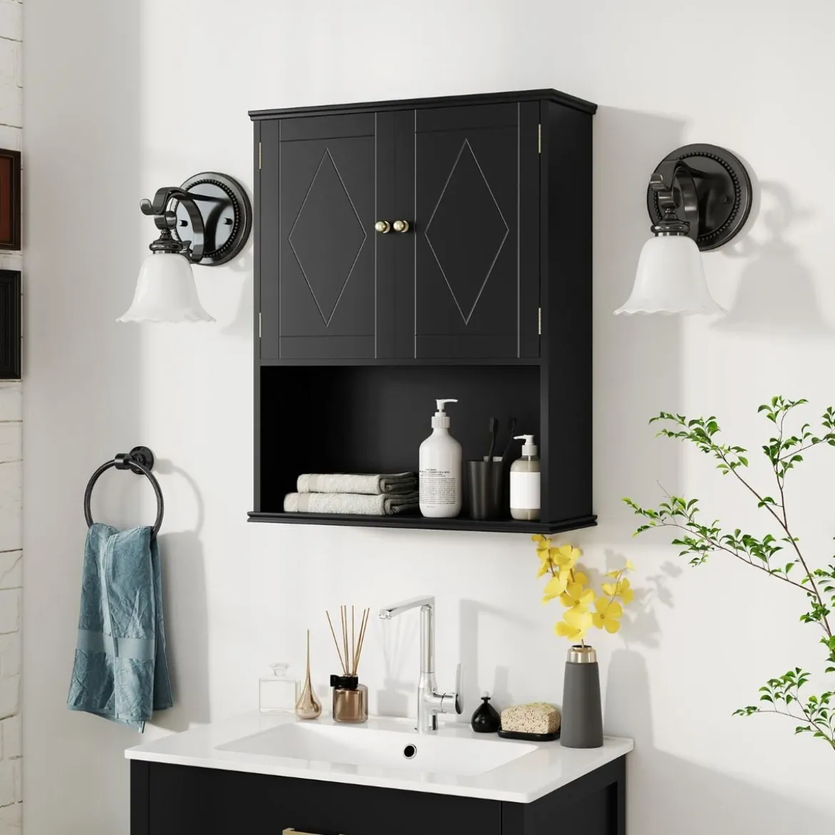 Bad Hängeschrank mit 2Türen & Offener Ablage & Verstellbarem Regal Badschrank Schwarz