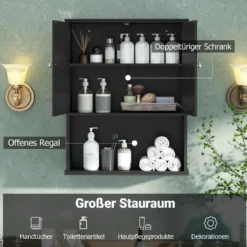 Bad Hängeschrank mit 2Türen & Offener Ablage & Verstellbarem Regal Badschrank Schwarz