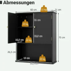 Bad Hängeschrank mit 2Türen & Offener Ablage & Verstellbarem Regal Badschrank Schwarz