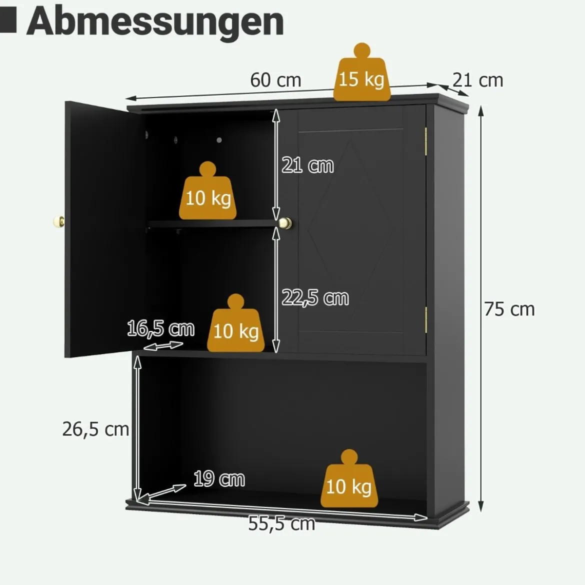 Bad Hängeschrank mit 2Türen & Offener Ablage & Verstellbarem Regal Badschrank Schwarz
