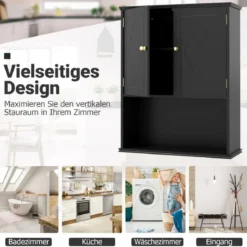 Bad Hängeschrank mit 2Türen & Offener Ablage & Verstellbarem Regal Badschrank Schwarz
