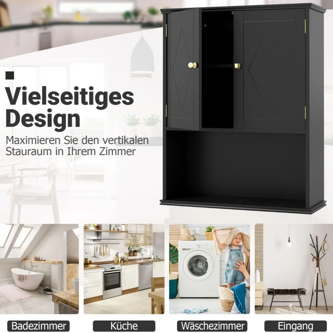 Bad Hängeschrank mit 2Türen & Offener Ablage & Verstellbarem Regal Badschrank Schwarz