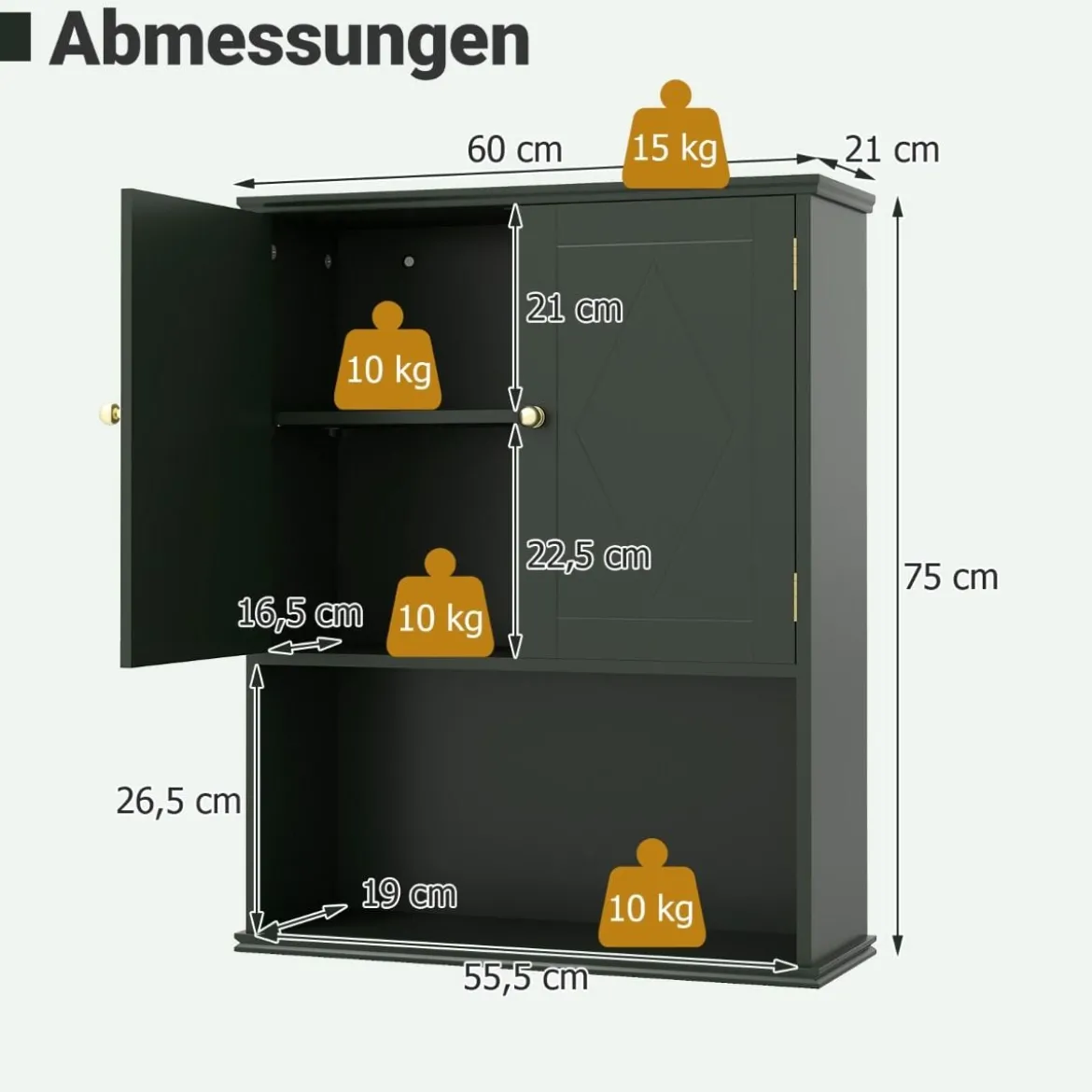 Bad Hängeschrank mit 2Türen & Offener Ablage & Verstellbarem Regal Badschrank Grün