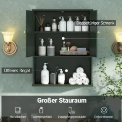 Bad Hängeschrank mit 2Türen & Offener Ablage & Verstellbarem Regal Badschrank Grün