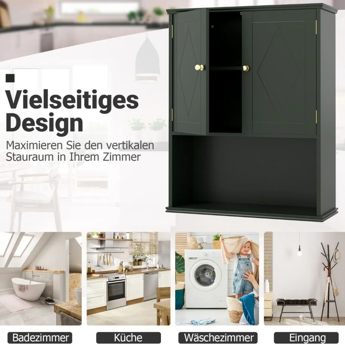 Bad Hängeschrank mit 2Türen & Offener Ablage & Verstellbarem Regal Badschrank Grün