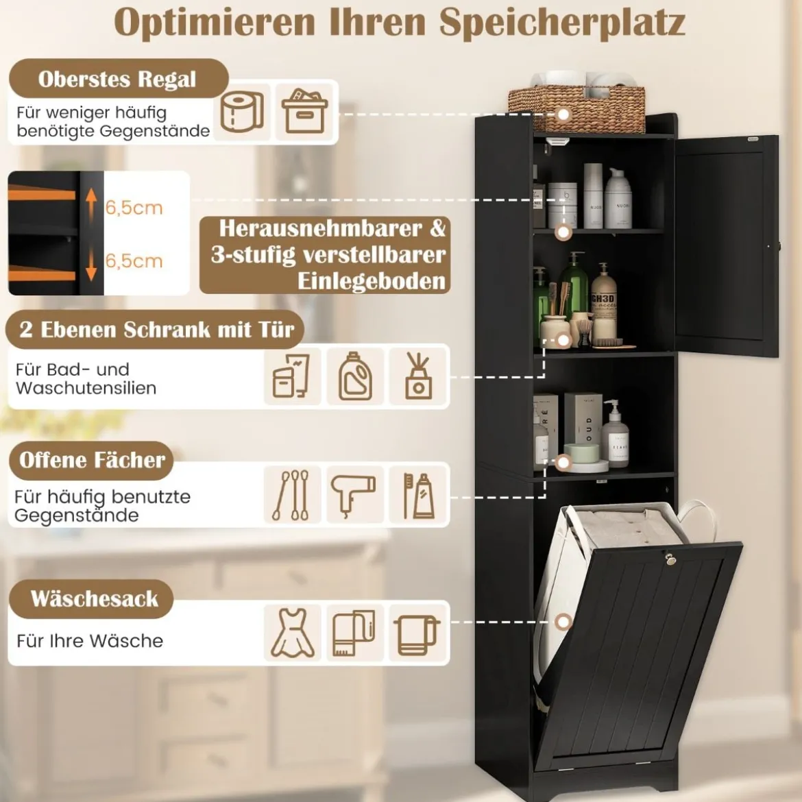 Bad Hochschrank mit Wäschekorb & Verstellbarem Regal Badezimmerschrank Badschrank Schwarz