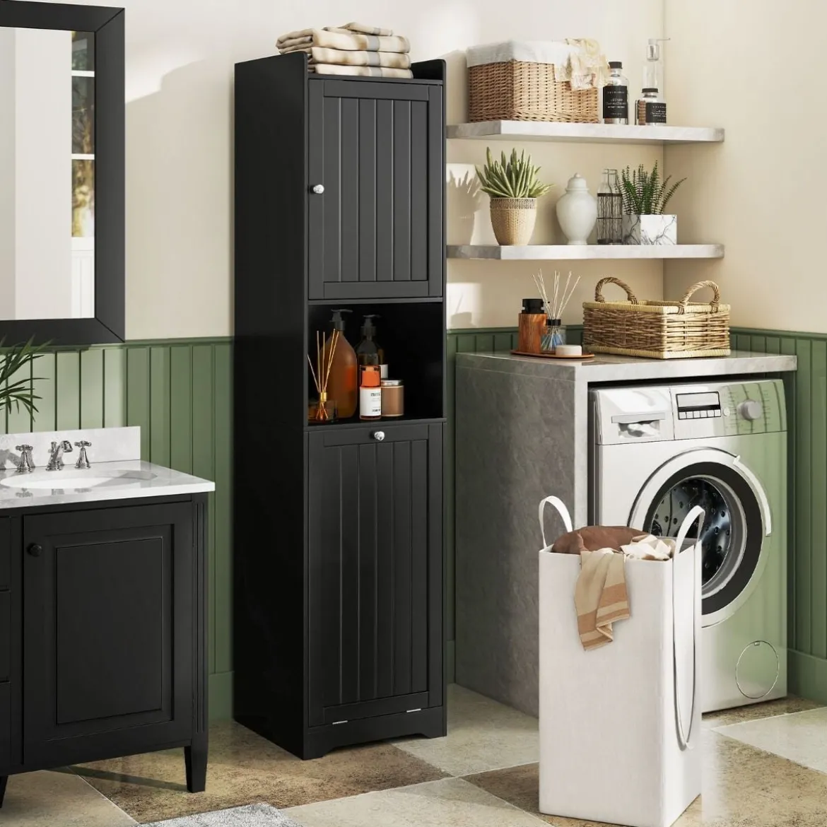 Bad Hochschrank mit Wäschekorb & Verstellbarem Regal Badezimmerschrank Badschrank Schwarz
