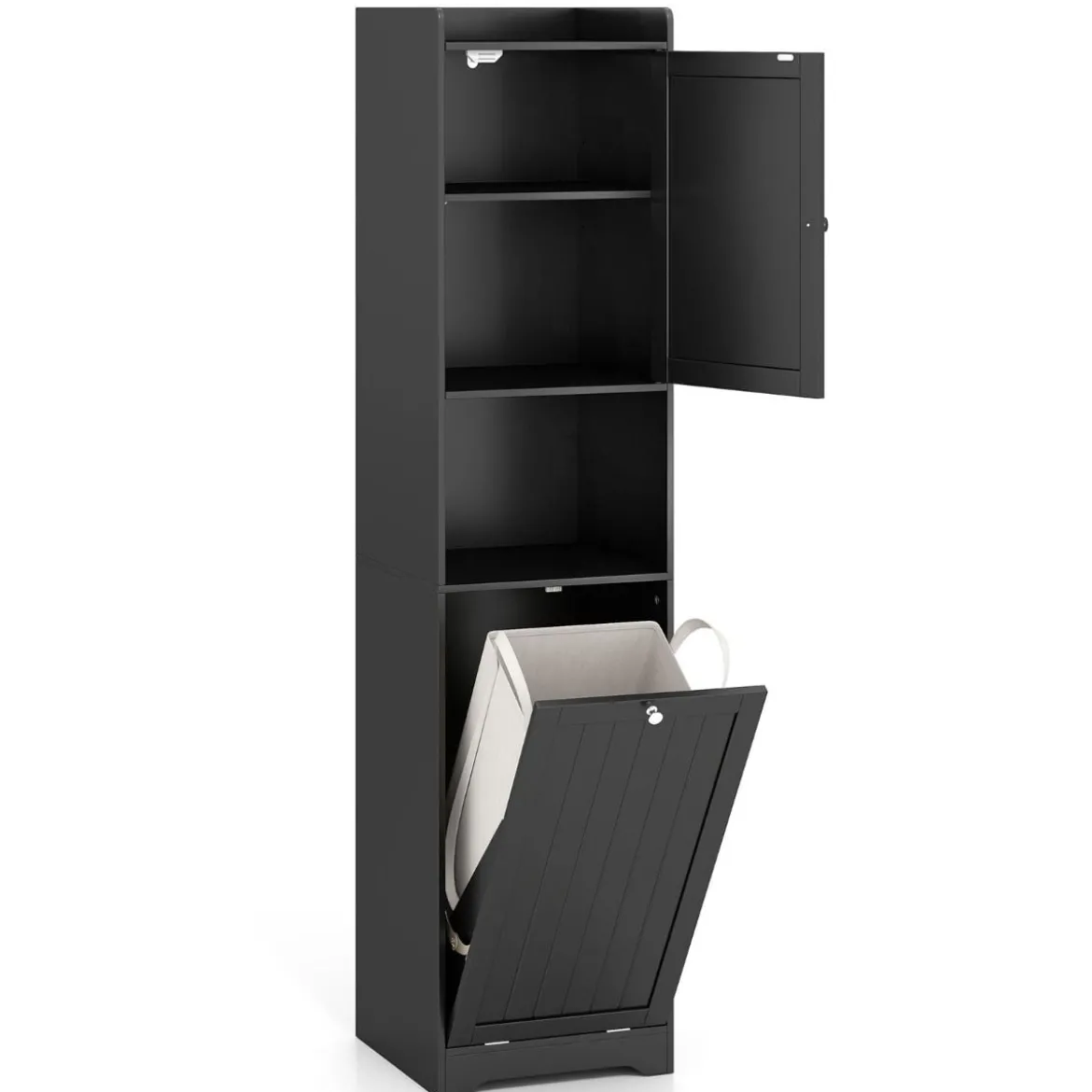Bad Hochschrank mit Wäschekorb & Verstellbarem Regal Badezimmerschrank Badschrank Schwarz