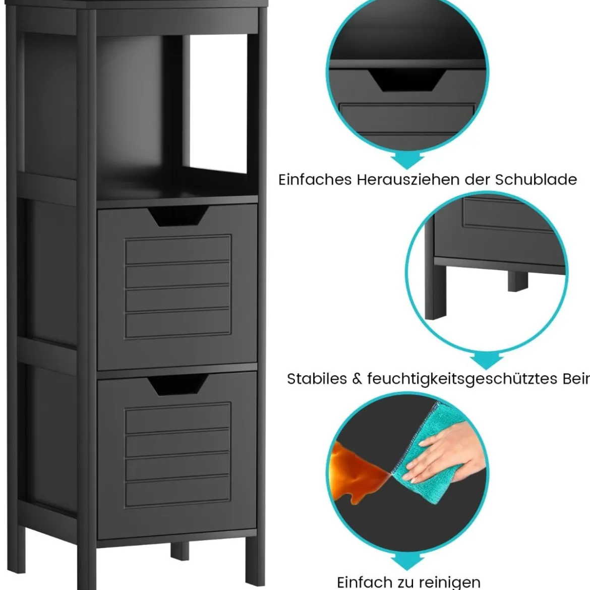 Badkommode aus Holz Badschrank mit 2 Schubladen 30 x 30 x 89 cm Schwarz