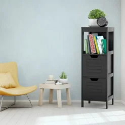 Badkommode aus Holz Badschrank mit 2 Schubladen 30 x 30 x 89 cm Schwarz