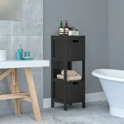 Badkommode aus Holz Badschrank mit 2 Schubladen 30 x 30 x 89 cm Schwarz