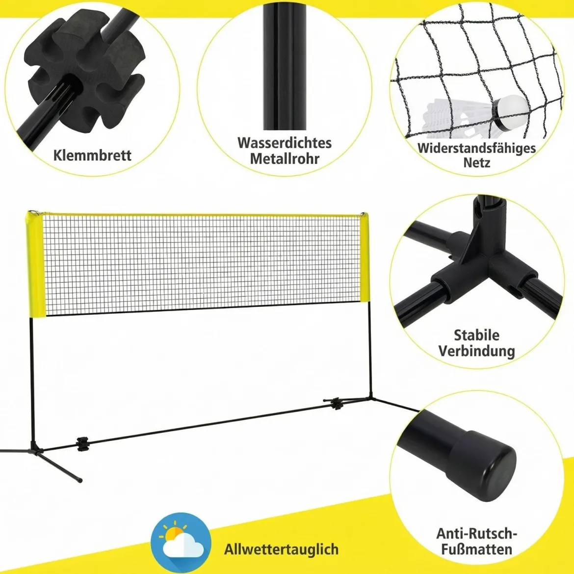 Badmintonnetz mit Ständer Federballnetz höhenverstellbar mit 2 Federbällen & Tragetasche 310 x 102 x 89–155 cm Gelb