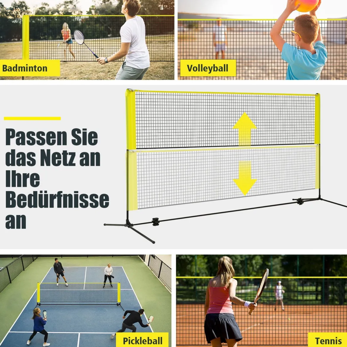 Badmintonnetz mit Ständer Federballnetz höhenverstellbar mit 2 Federbällen & Tragetasche 310 x 102 x 89–155 cm Gelb