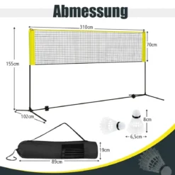 Badmintonnetz mit Ständer Federballnetz höhenverstellbar mit 2 Federbällen & Tragetasche 310 x 102 x 89–155 cm Gelb