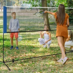Badmintonnetz mit Ständer Federballnetz höhenverstellbar mit 2 Federbällen & Tragetasche 420 x 102 x 89–155 cm Blau