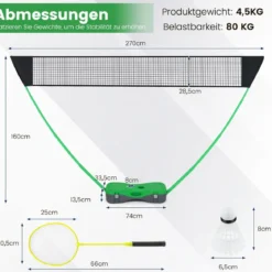 Badminton Netzständer tragbares Federballspiel mit Schlägern Komplett Badminton Set