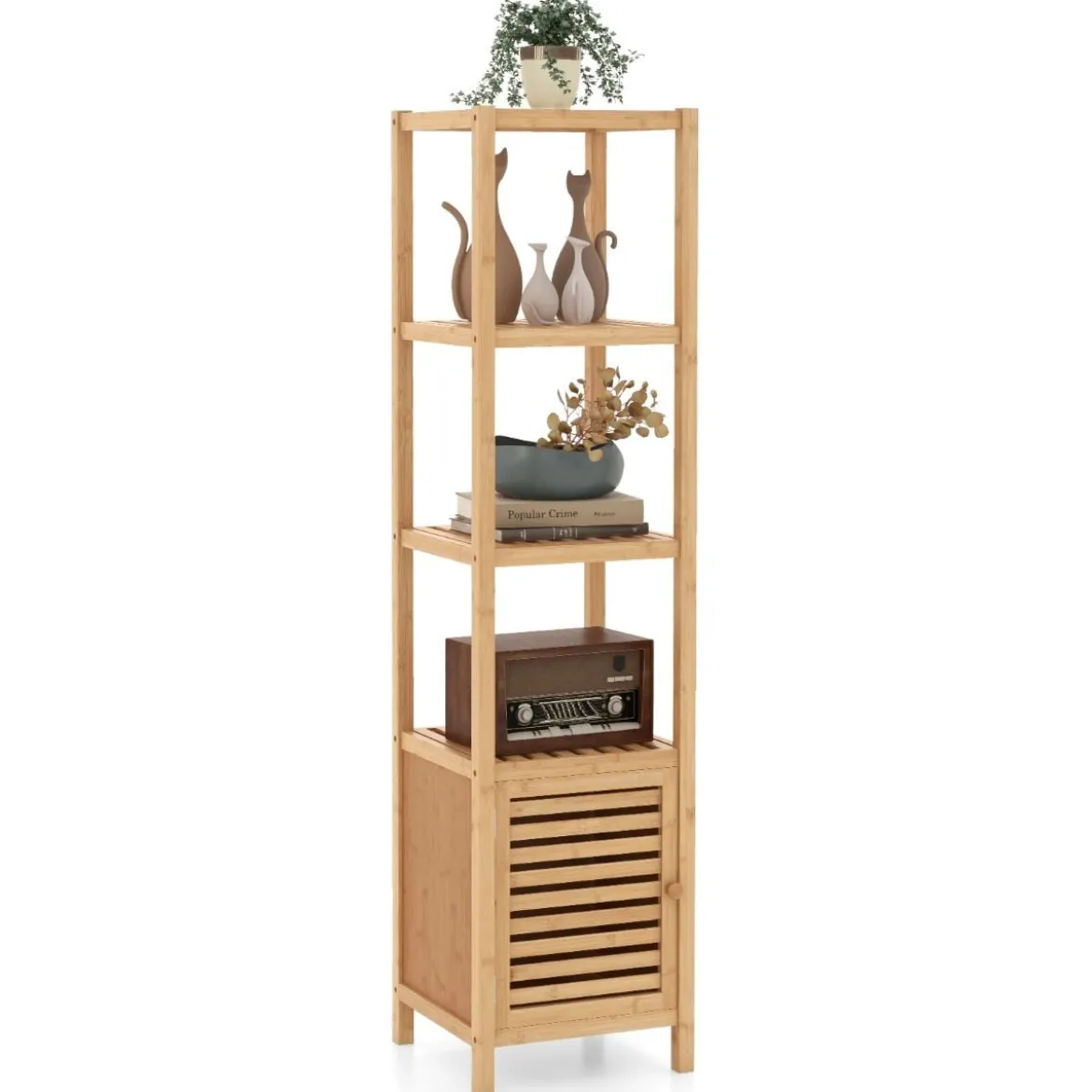 Badregal Bambus Standregal mit 4 Ebenen Regalen und Lamellentür 34 x 33 x 140 cm Natur