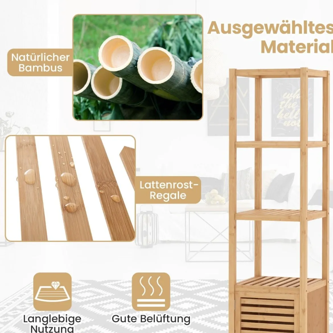 Badregal Bambus Standregal mit 4 Ebenen Regalen und Lamellentür 34 x 33 x 140 cm Natur