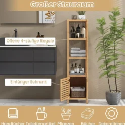 Badregal Bambus Standregal mit 4 Ebenen Regalen und Lamellentür 34 x 33 x 140 cm Natur