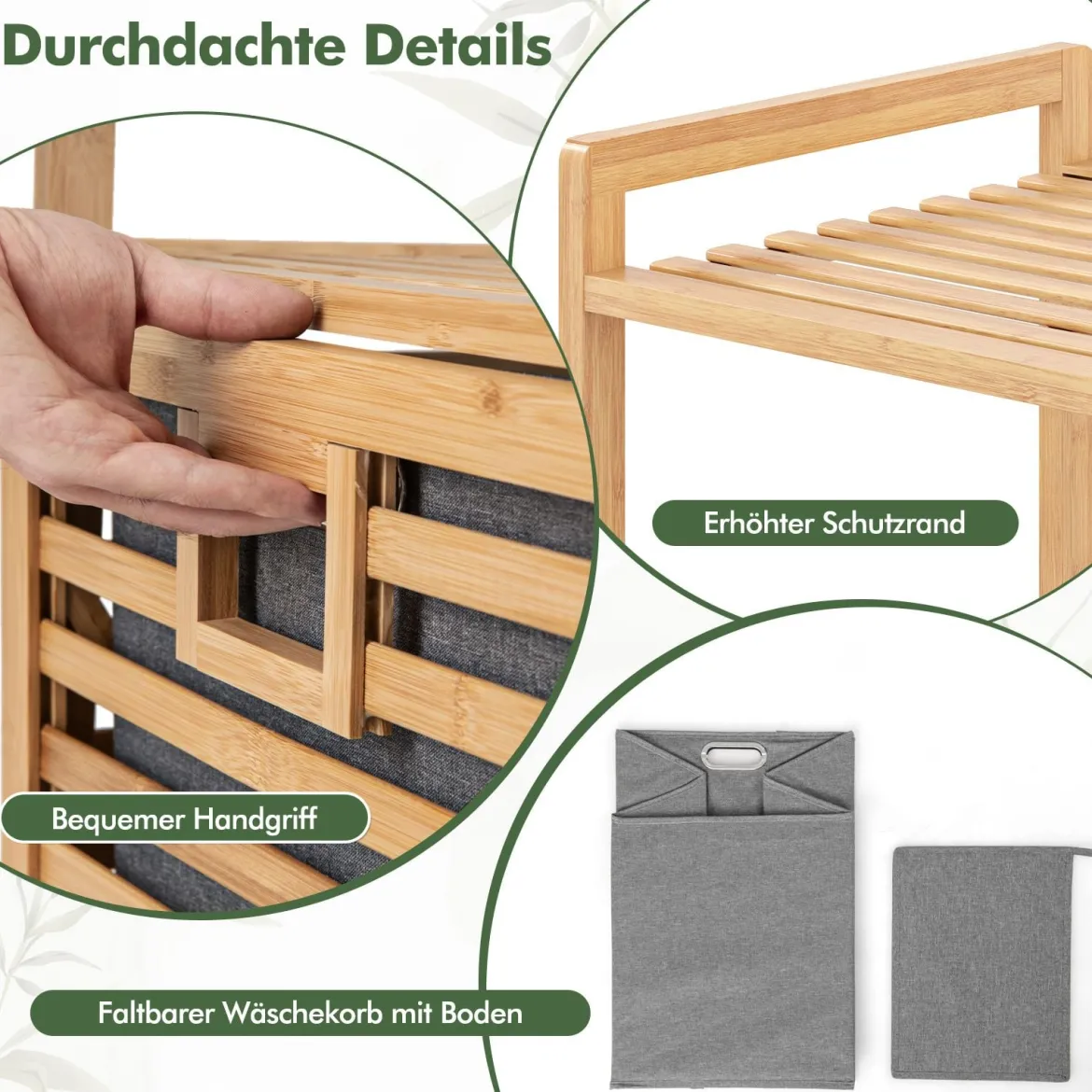 Badregal mit 43 L Ausklappbarer Wäschekorb Regal aus Bambus Badschrank mit 2 Ablagen Natur 43,5 x 33 x 96 cm