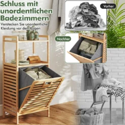 Badregal mit 43 L Ausklappbarer Wäschekorb Regal aus Bambus Badschrank mit 2 Ablagen Natur 43,5 x 33 x 96 cm