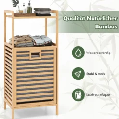 Badregal mit 43 L Ausklappbarer Wäschekorb Regal aus Bambus Badschrank mit 2 Ablagen Natur 43,5 x 33 x 96 cm