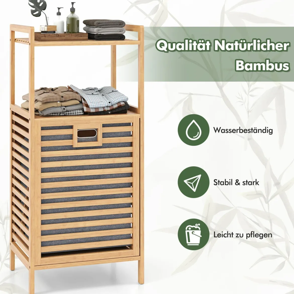 Badregal mit 43 L Ausklappbarer Wäschekorb Regal aus Bambus Badschrank mit 2 Ablagen Natur 43,5 x 33 x 96 cm