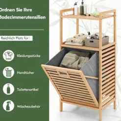 Badregal mit 43 L Ausklappbarer Wäschekorb Regal aus Bambus Badschrank mit 2 Ablagen Natur 43,5 x 33 x 96 cm