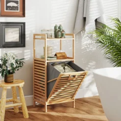 Badregal mit 43 L Ausklappbarer Wäschekorb Regal aus Bambus Badschrank mit 2 Ablagen Natur 43,5 x 33 x 96 cm