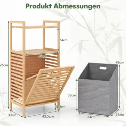 Badregal mit 43 L Ausklappbarer Wäschekorb Regal aus Bambus Badschrank mit 2 Ablagen Natur 43,5 x 33 x 96 cm