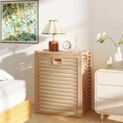 Badregal mit Wäschekorb 68 L Regal aus Bambus Badschrank mit Ablage Natur 50 x 35 x 64 cm