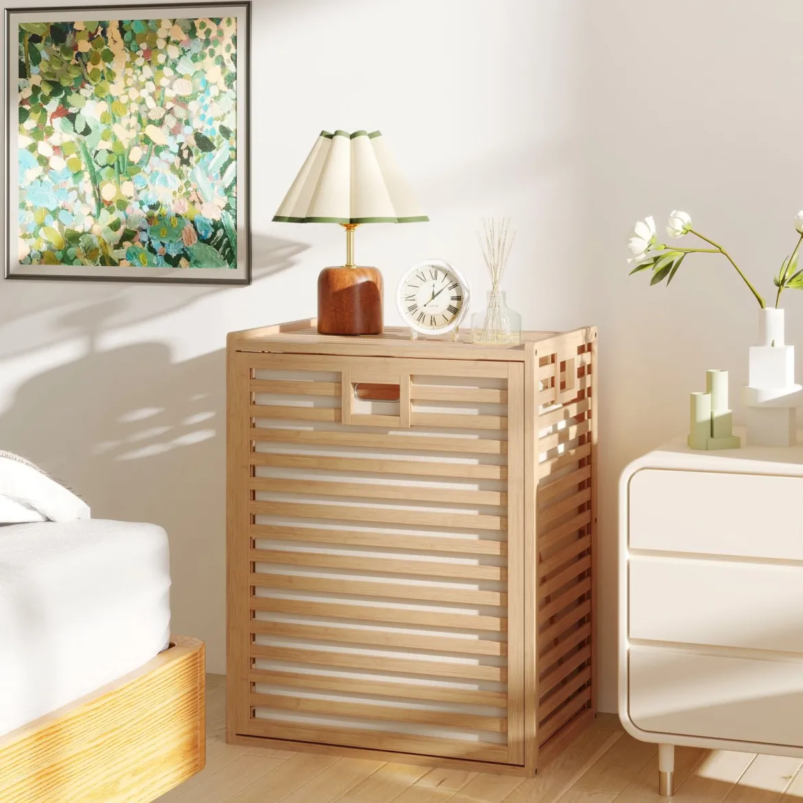 Badregal mit Wäschekorb 68 L Regal aus Bambus Badschrank mit Ablage Natur 50 x 35 x 64 cm
