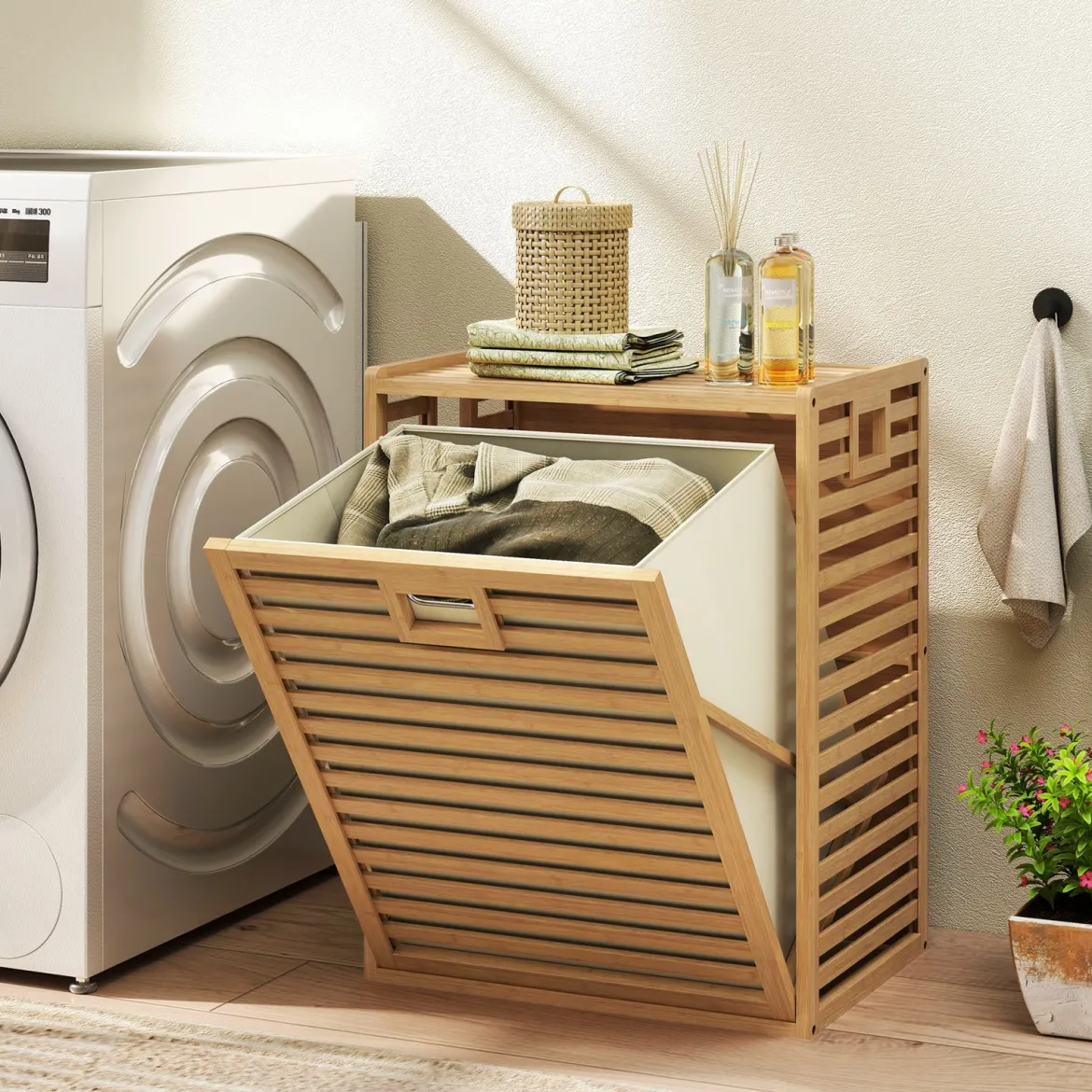Badregal mit Wäschekorb 68 L Regal aus Bambus Badschrank mit Ablage Natur 50 x 35 x 64 cm