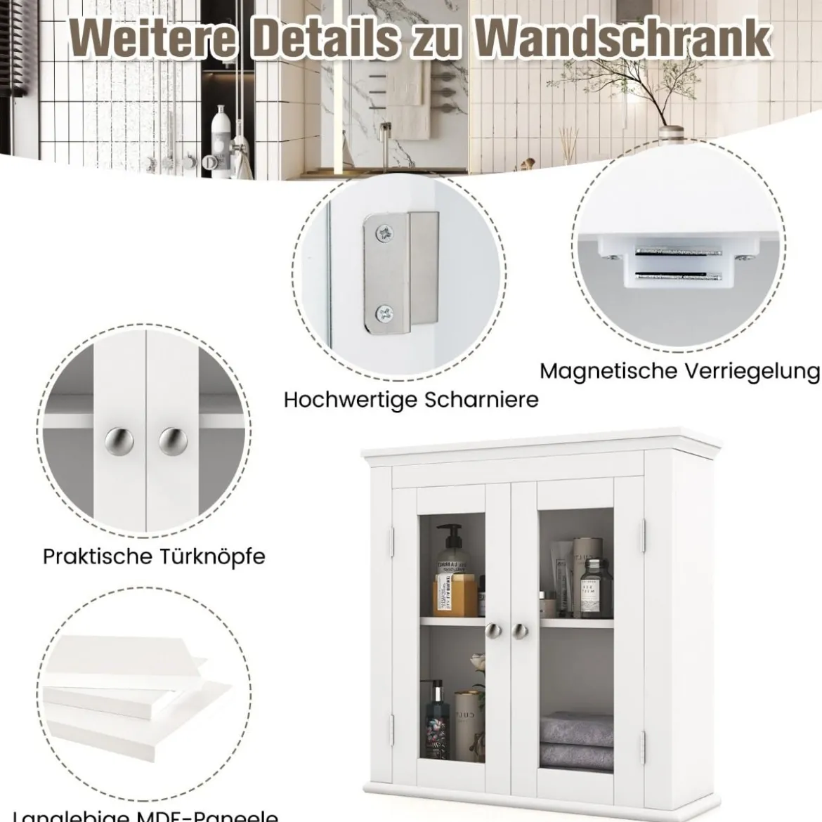Badschrank Holz Hängeschrank mit Verstellbarem Einlegeboden 51 x 17 x 51 cm Weiß