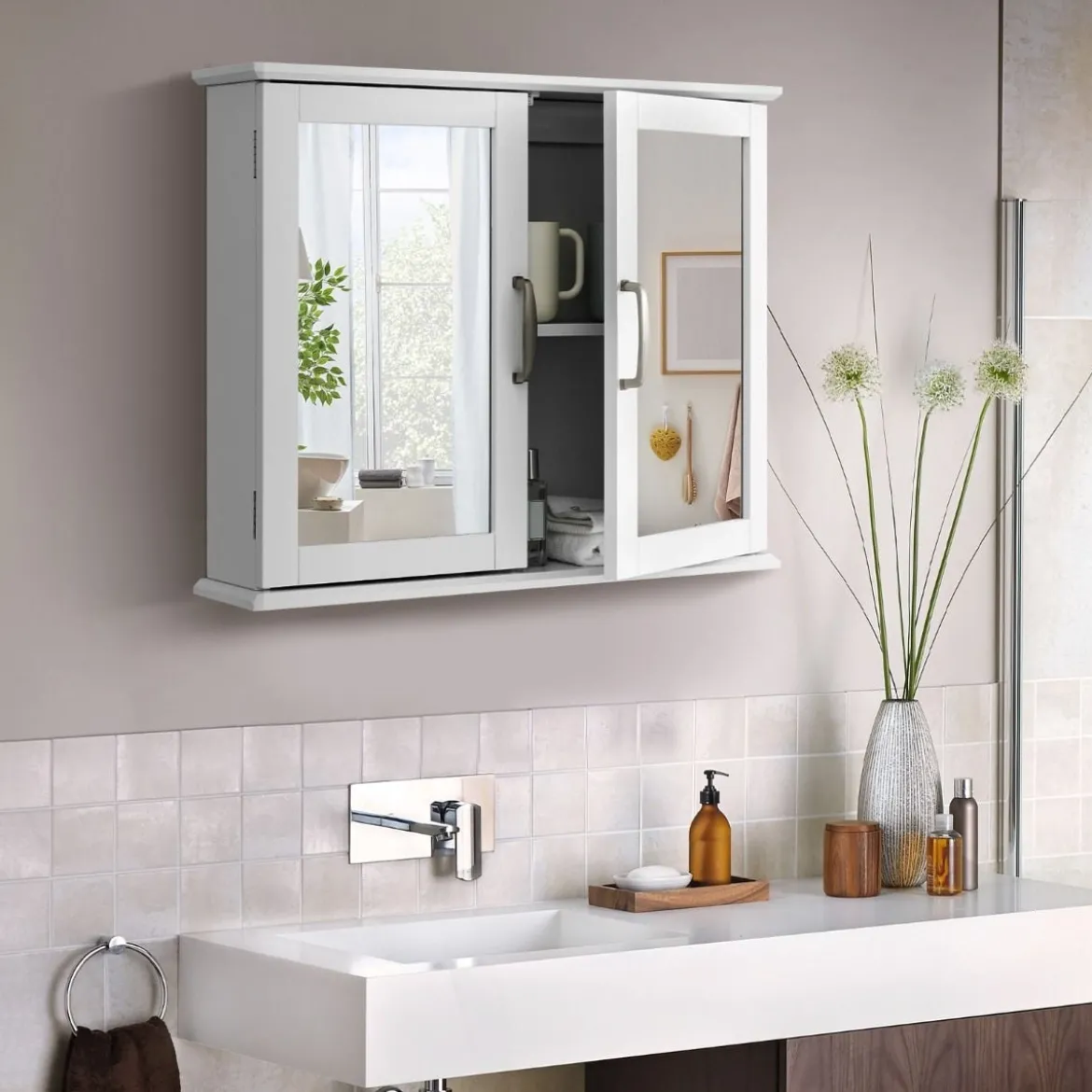 Badschrank mit Doppelten Spiegeltüren & 2 Regalen 60 x 50 x 14,5 cm Weiß