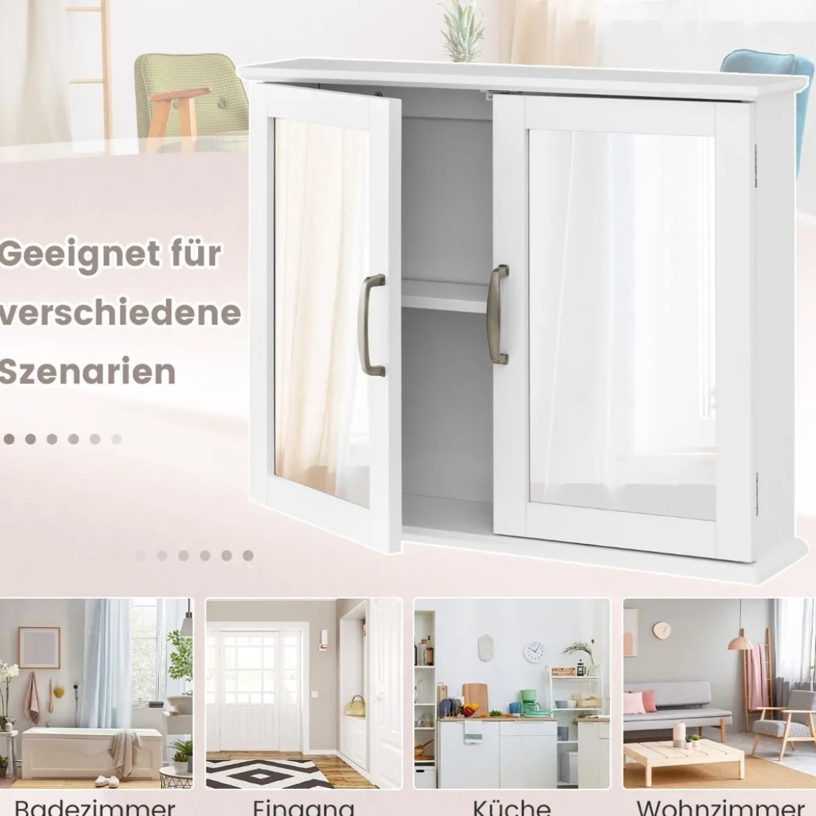 Badschrank mit Doppelten Spiegeltüren & 2 Regalen 60 x 50 x 14,5 cm Weiß