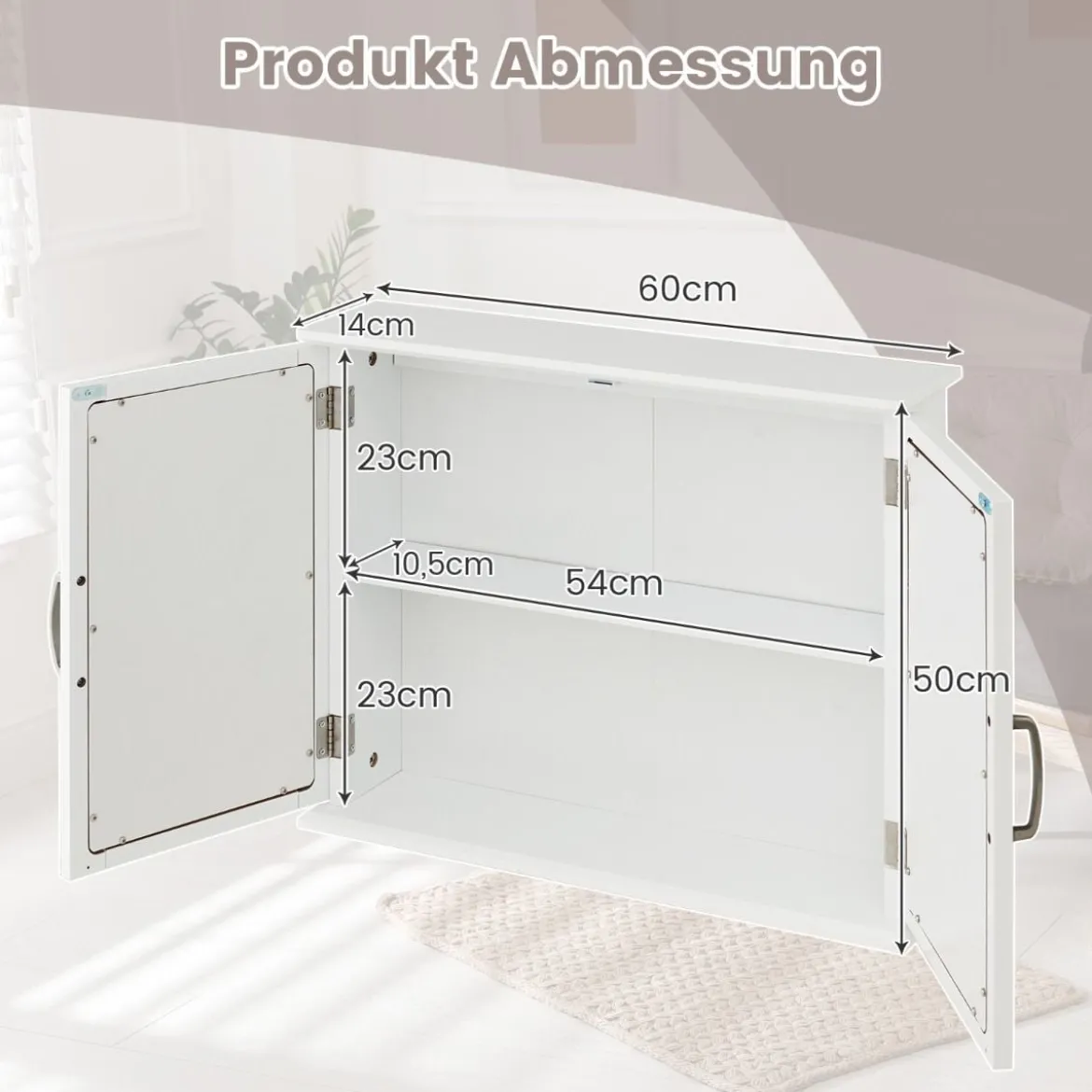 Badschrank mit Doppelten Spiegeltüren & 2 Regalen 60 x 50 x 14,5 cm Weiß