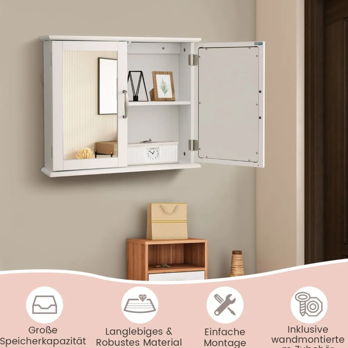 Badschrank mit Doppelten Spiegeltüren & 2 Regalen 60 x 50 x 14,5 cm Weiß