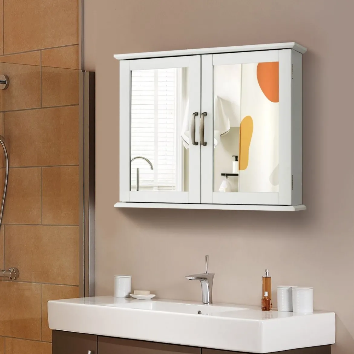 Badschrank mit Doppelten Spiegeltüren & 2 Regalen 60 x 50 x 14,5 cm Weiß