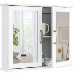 Badschrank mit Doppelten Spiegeltüren & 2 Regalen 60 x 50 x 14,5 cm Weiß