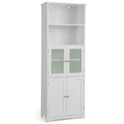 Badschrank mit Glastüren 2 offenen Fächern und verstellbaren Regalen Grau/Schwarz/Weiß