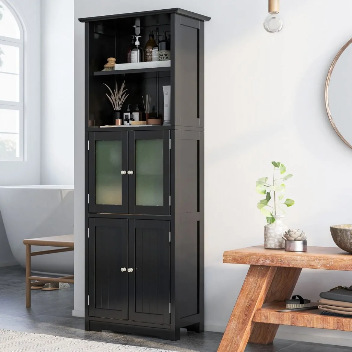 Badschrank mit Glastüren 2 offenen Fächern und verstellbaren Regalen Grau/Schwarz/Weiß