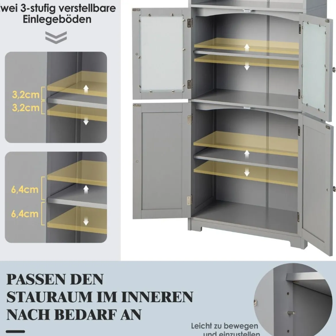 Badschrank mit Glastüren 2 offenen Fächern und verstellbaren Regalen Grau/Schwarz/Weiß