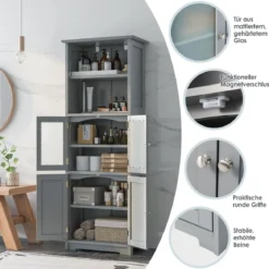 Badschrank mit Glastüren 2 offenen Fächern und verstellbaren Regalen Grau/Schwarz/Weiß