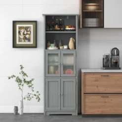 Badschrank mit Glastüren 2 offenen Fächern und verstellbaren Regalen Grau/Schwarz/Weiß